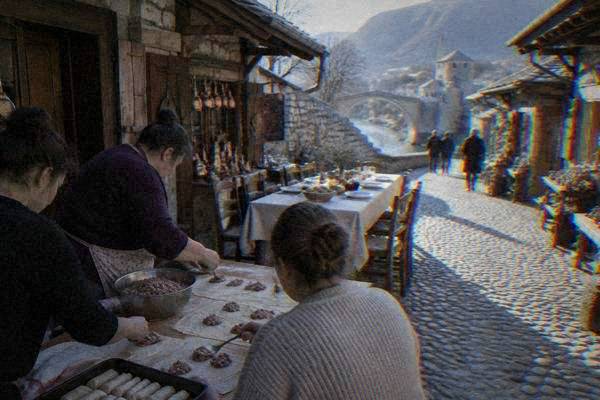 A small group around a kitchen table spooning minced meat onto sheets of dough, with a laid lunch table behind, Kujundziluk