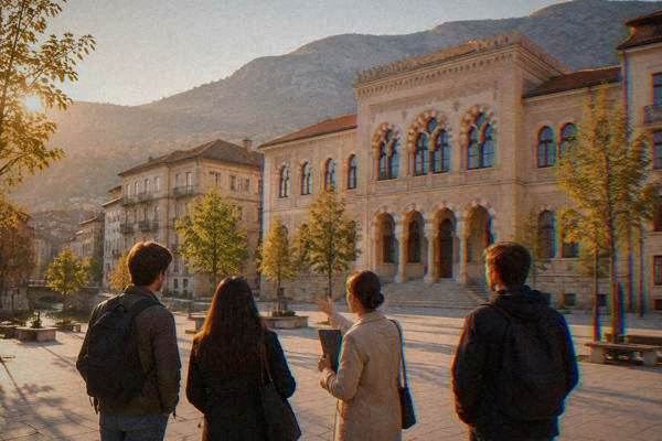 A guide with a folder and three visitors seen entirely from behind, standing on a broad paved square facing a pale arched school building, Spanish Square