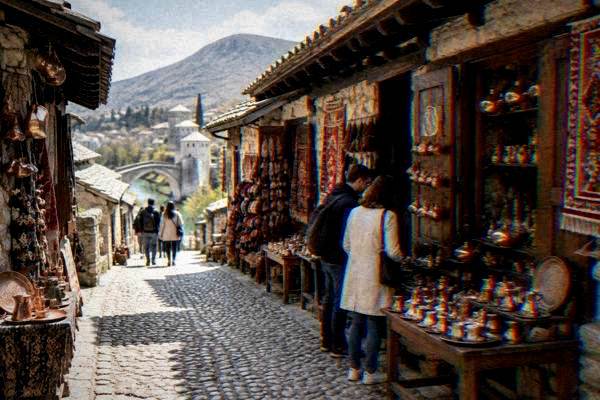 A small group browsing a bazaar lane of low stone shops with copper pots, slippers and woven rugs on display, Kujundziluk