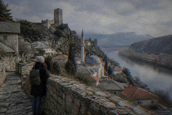 A lone visitor looking out from a stone parapet over a river valley, terracotta roofs and a domed mosque below, Pocitelj
