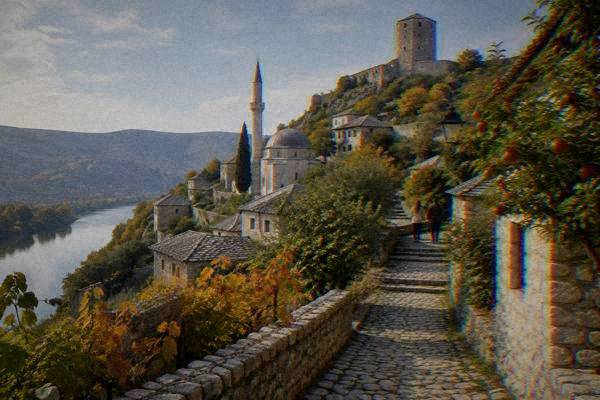 A stone village street stepping up a hillside, pomegranate trees in leaf and low stone walls, soft morning light, Pocitelj
