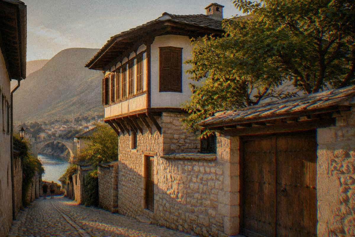 A traditional Ottoman house like an Ottoman house of stone and white plaster with a timber upper floor and a walled courtyard in Mostar, Biscevic House