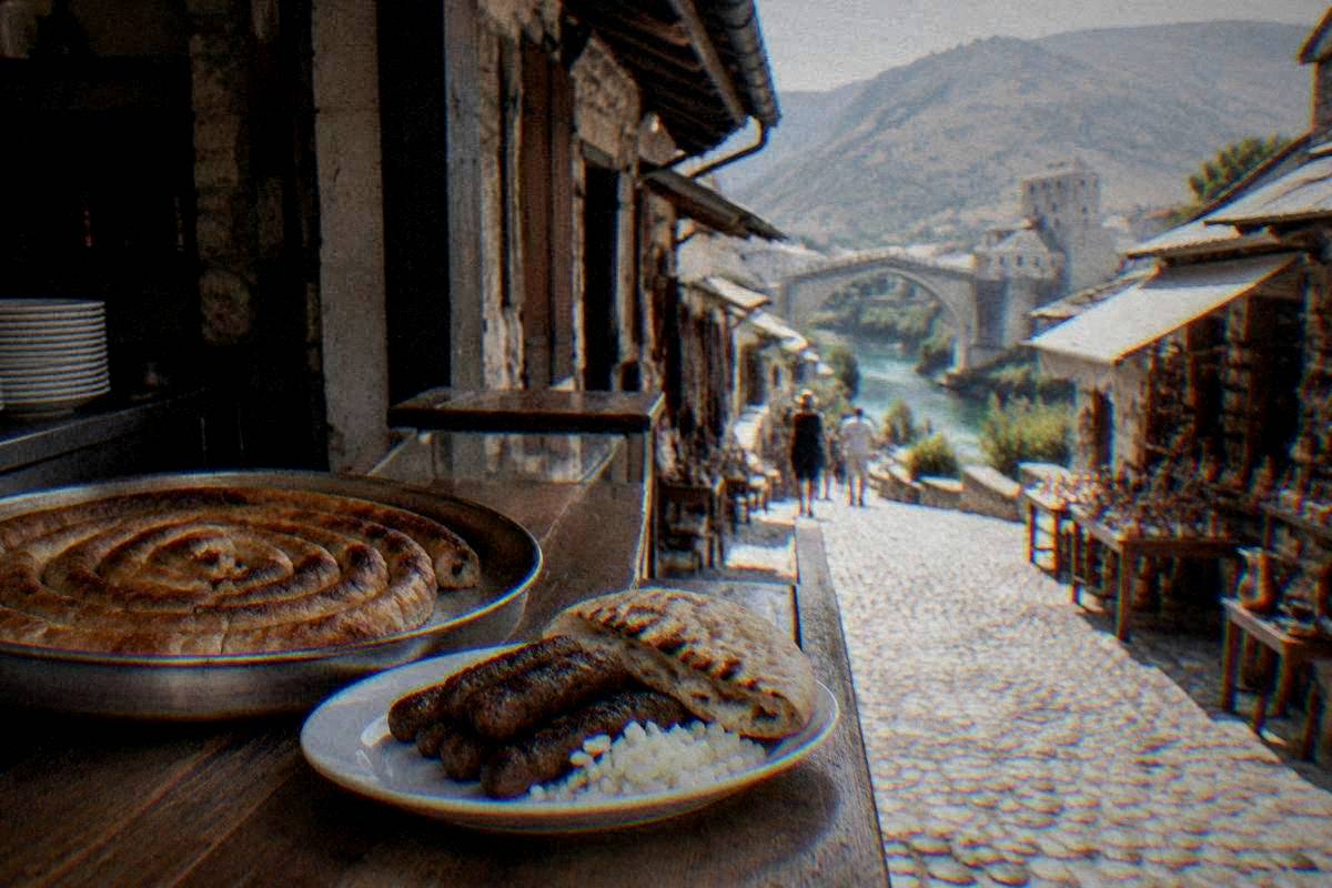 A counter in an old bazaar eatery in Mostar with a round tray of coiled burek pastry, a plate of grilled minced-meat sausages with flatbread and onion, Kujundziluk