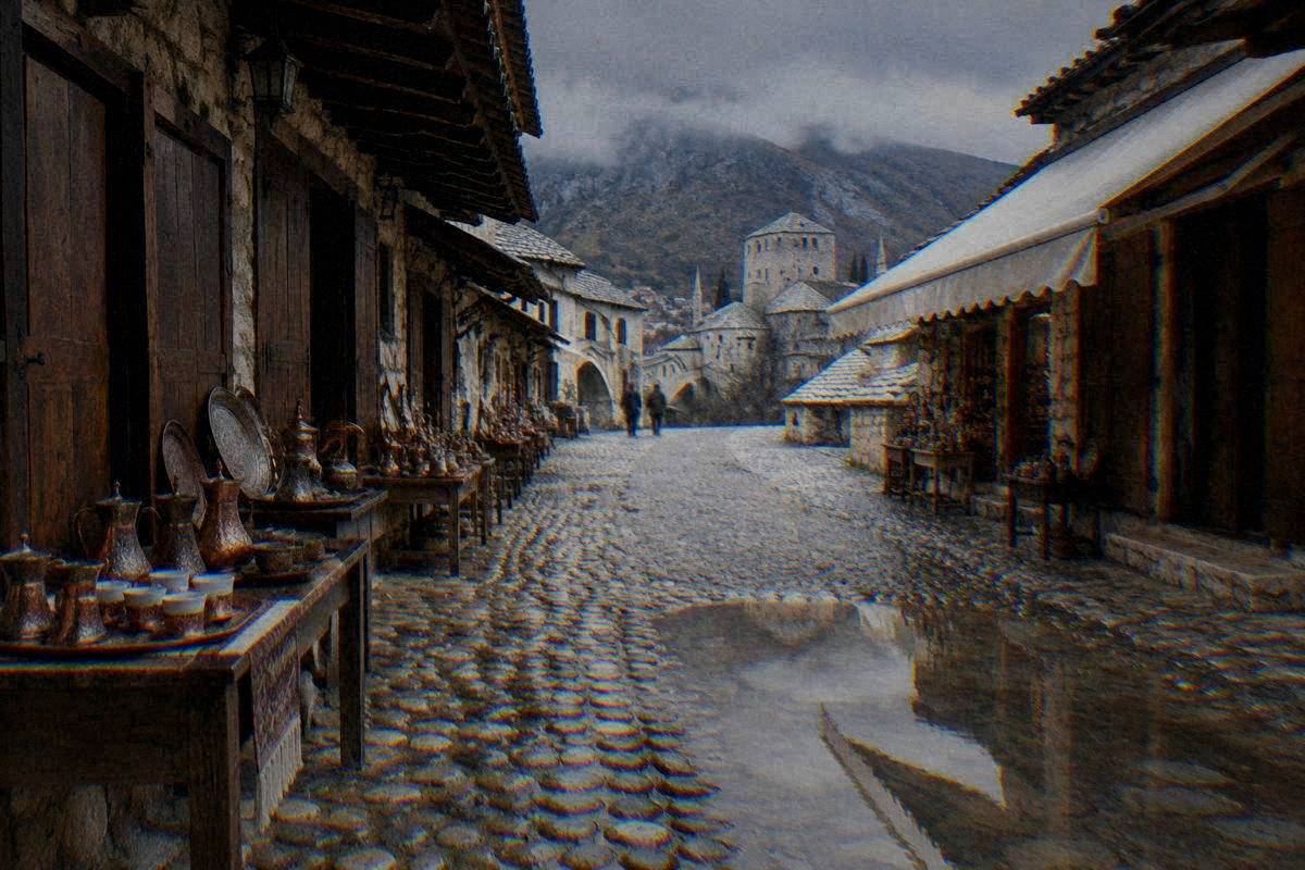 A wet pebble-paved lane in the old town of Mostar after rain, puddles reflecting stone shopfronts and a shop awning, empty, Kujundziluk