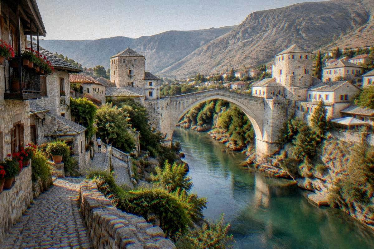 Stone houses with small balconies on a hillside lane just above a single very high pointed arch of pale limestone blocks over a narrow green river gorge between two stone towers bridge in Mo, Stari Most