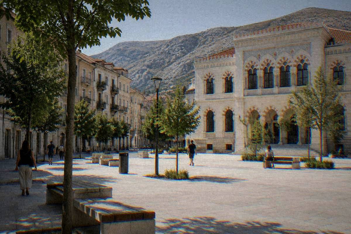 West Mostar streets near Spanish Square, tree-lined pavements and pale four-storey buildings with balconies, a quiet weekday morning
