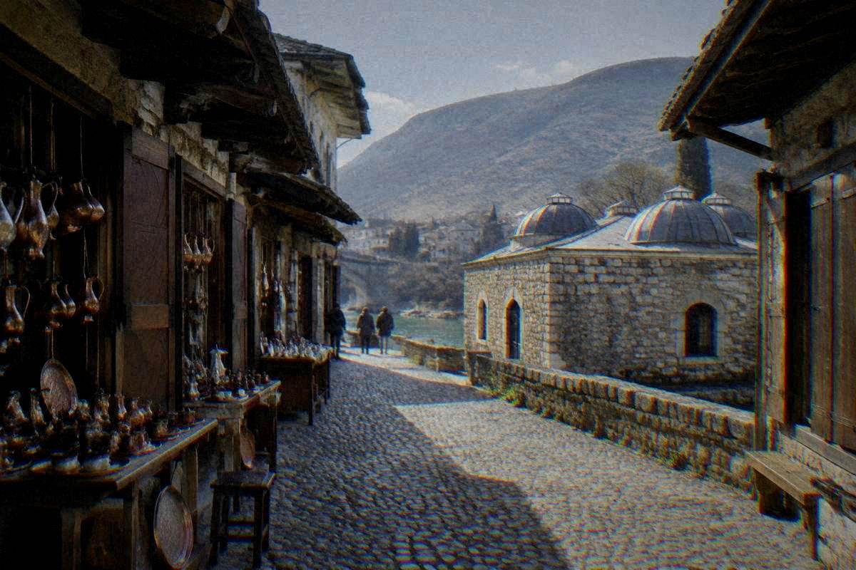 The old Ottoman bath building near the river in Mostar, a low stone building with small domed roof lights, quiet lane in the afternoon, Kujundziluk