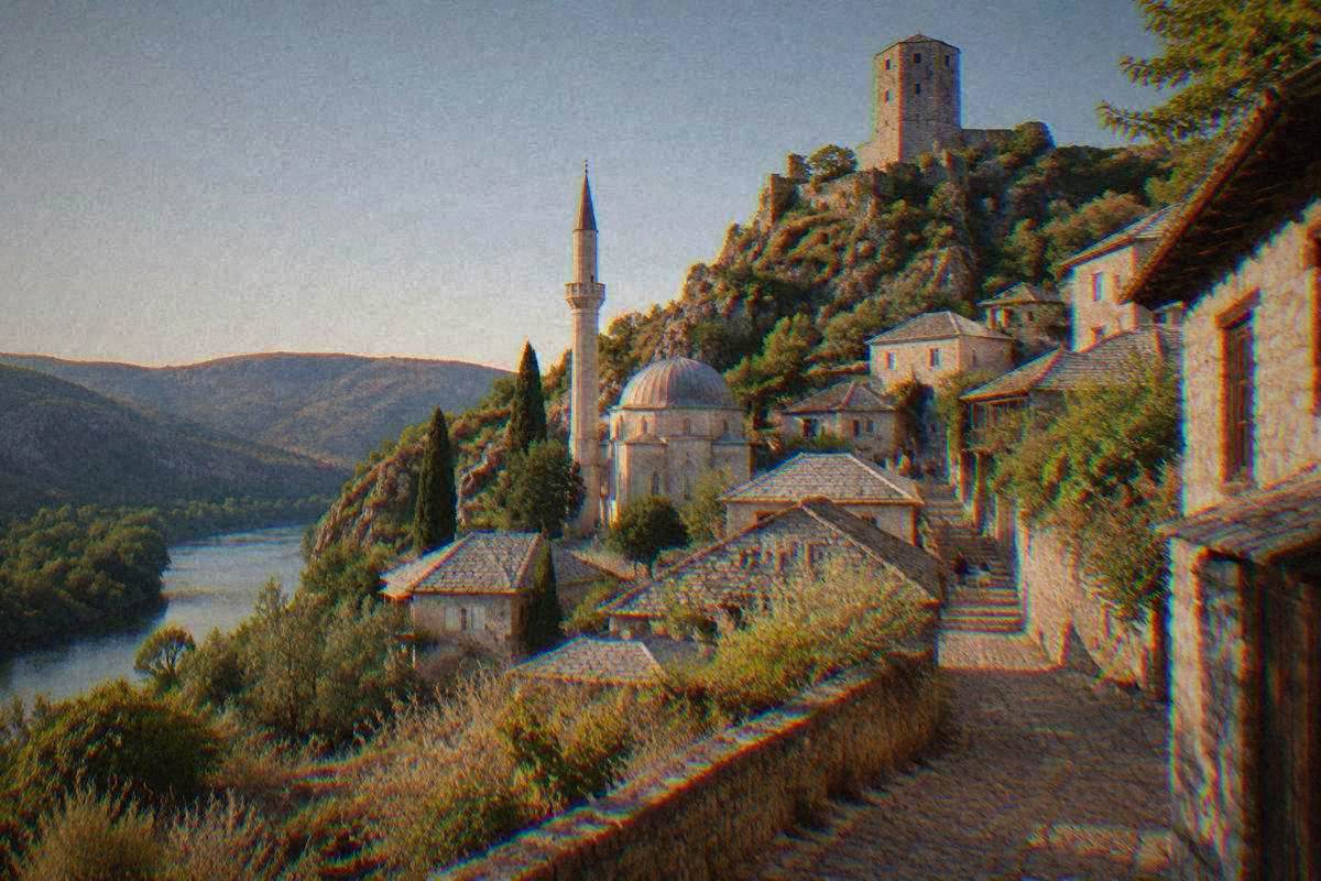 Pocitelj village near Mostar, stone houses and a domed mosque stepping up a hillside to a hilltop tower above the Neretva valley