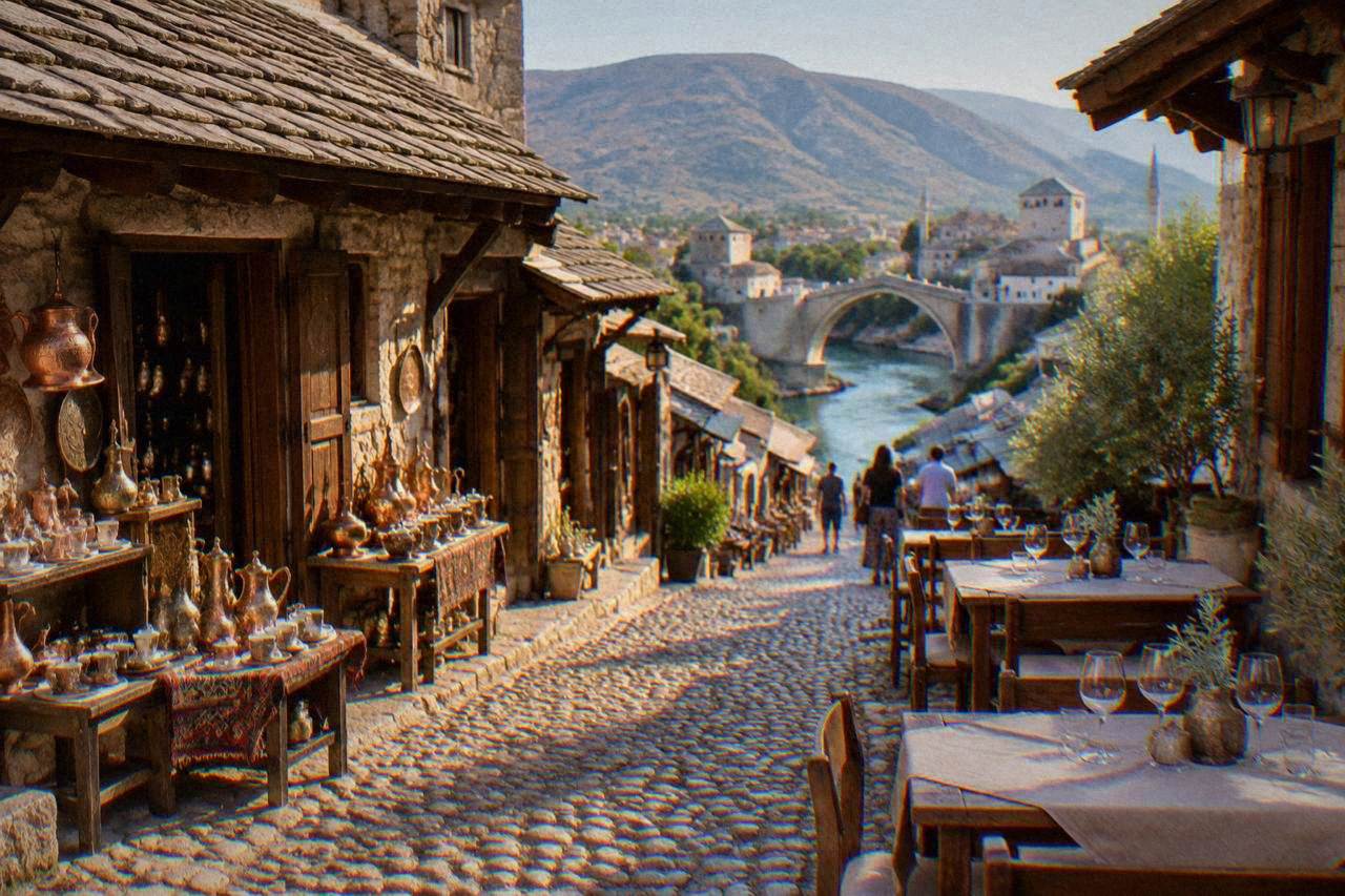 Evening tables set with wine glasses on a cobbled street in Mostar's old town