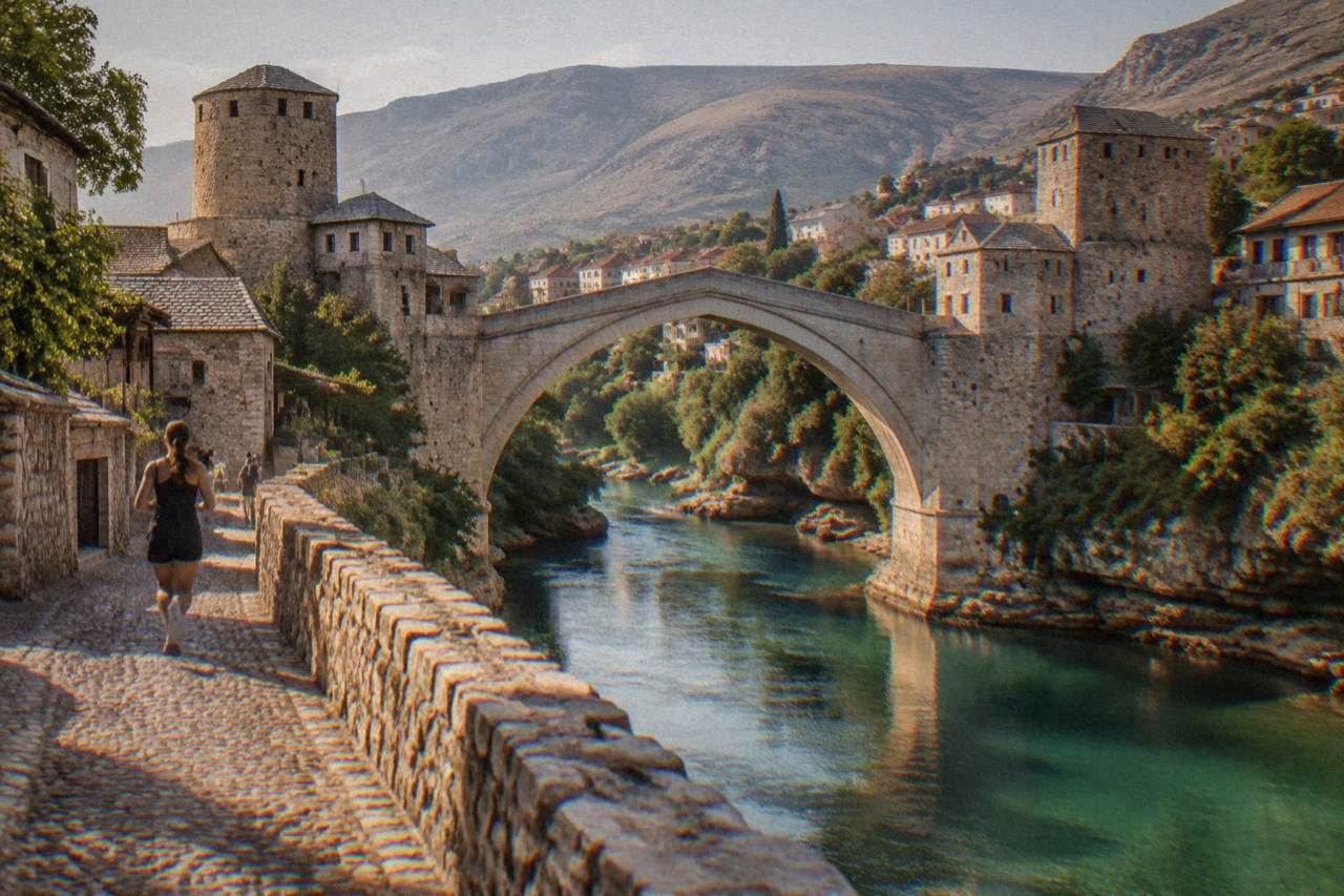 The clear green Neretva river flowing under the stone arch of Stari Most in Mostar