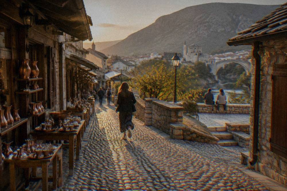 Two people chatting at a small square in central Mostar in warm evening light