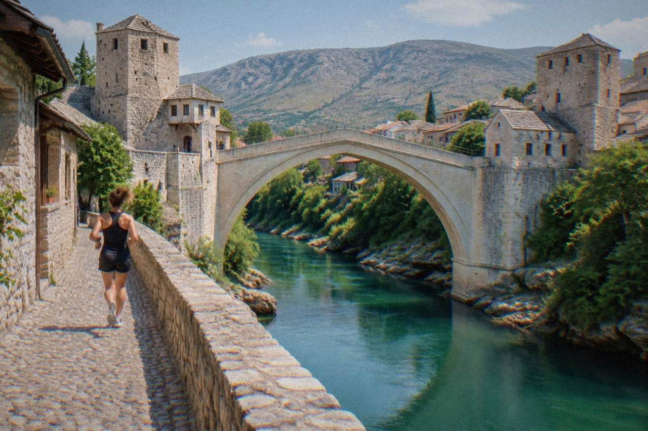 The Old Bridge in Mostar rising over the green Neretva river at midday