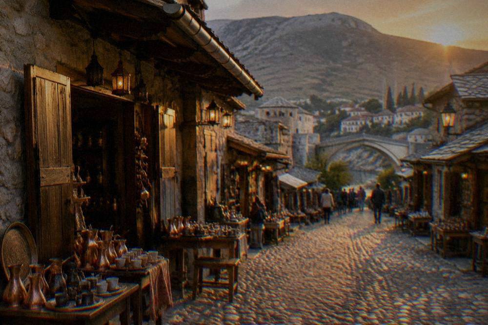 An evening street in the Kujundžiluk bazaar in Mostar with stone buildings and lanterns