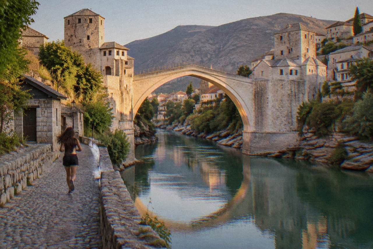 The Old Bridge in Mostar lit up in the evening with the Neretva river reflecting the stone arch