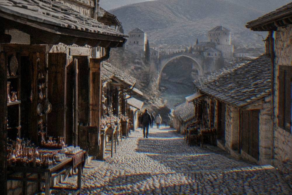 A quiet morning street of stone shops in the Kujundžiluk bazaar in Mostar with the Old Bridge visible in the distance