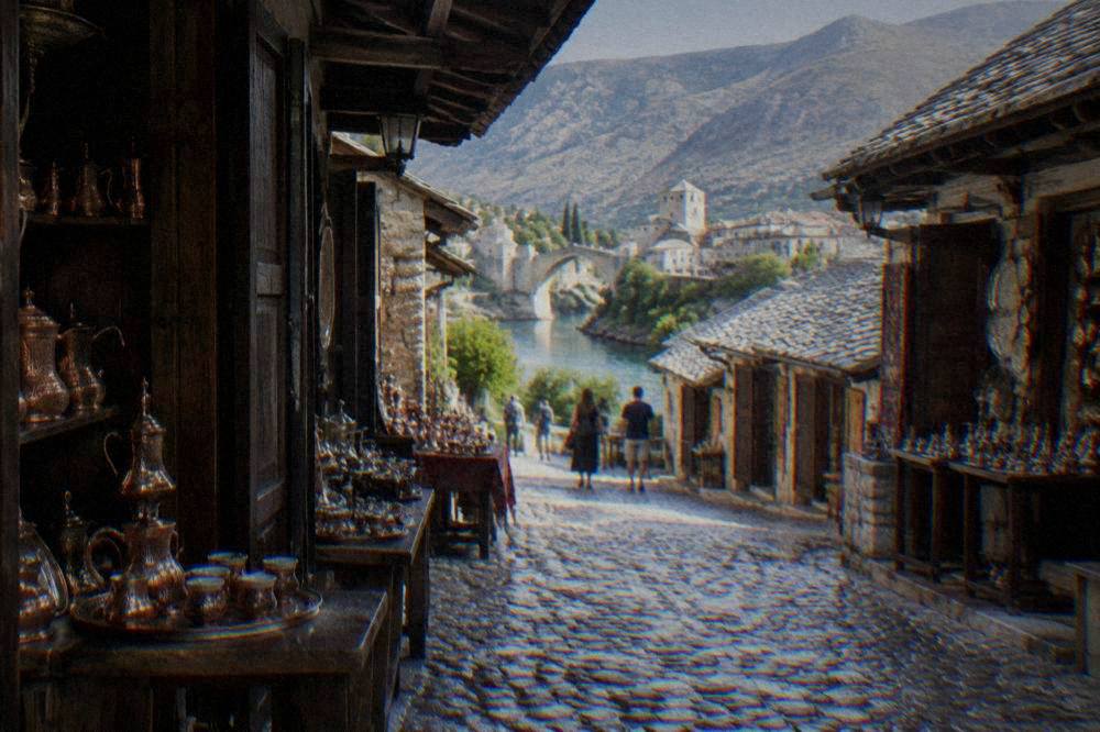 Cobblestone lane of the Kujundžiluk bazaar in Mostar with stone shopfronts
