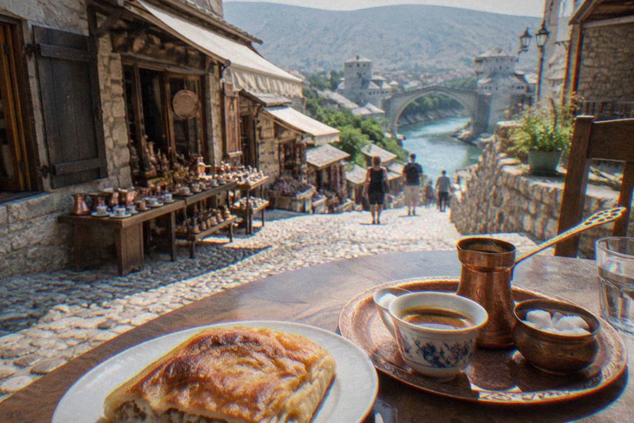 A breakfast table in Mostar with burek, a cup of Bosnian coffee and a small copper pot on a tray