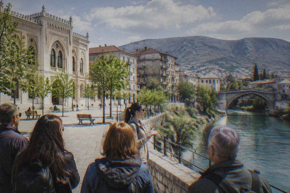 A guide speaking to a small group of visitors on a street beside the Neretva river