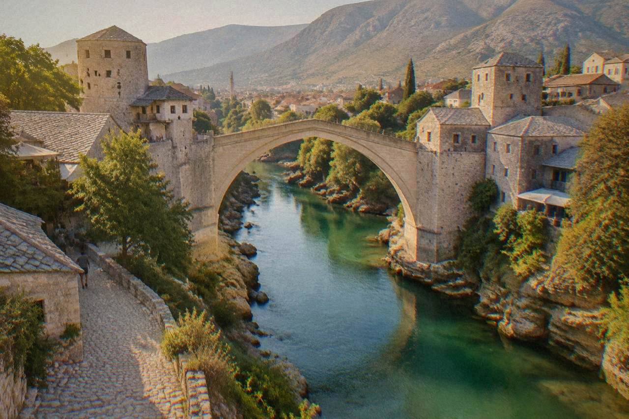 The stone arch of Stari Most spanning the green Neretva river in Mostar