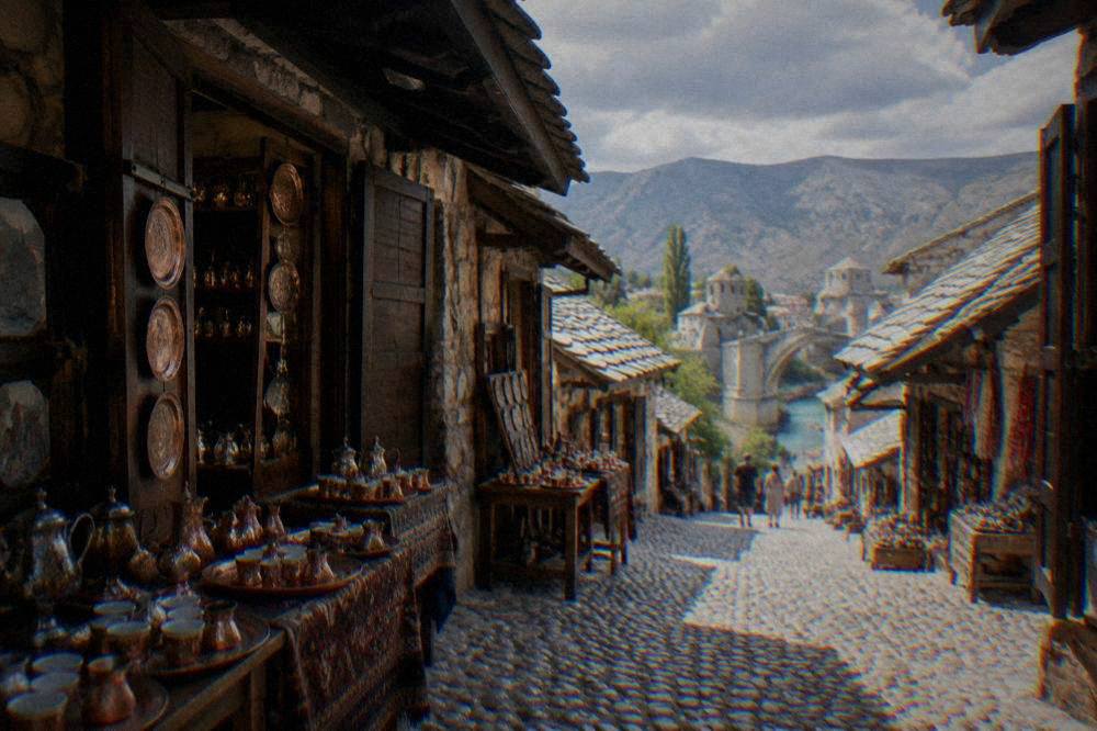 Cobbled bazaar lane lined with small shops selling copperware and souvenirs