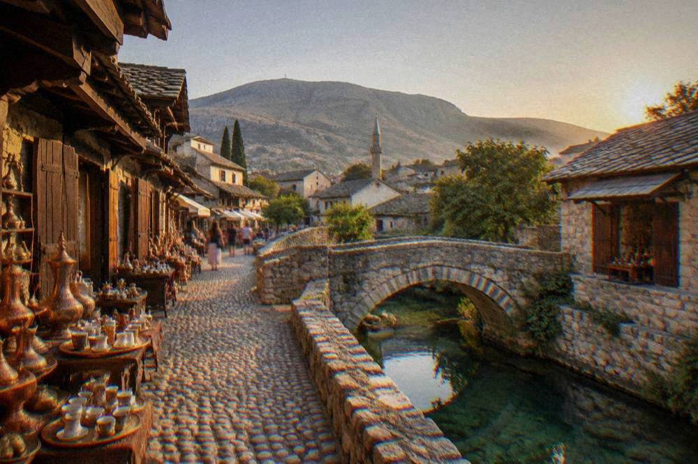 A small stone bridge over a quiet side channel with green water below
