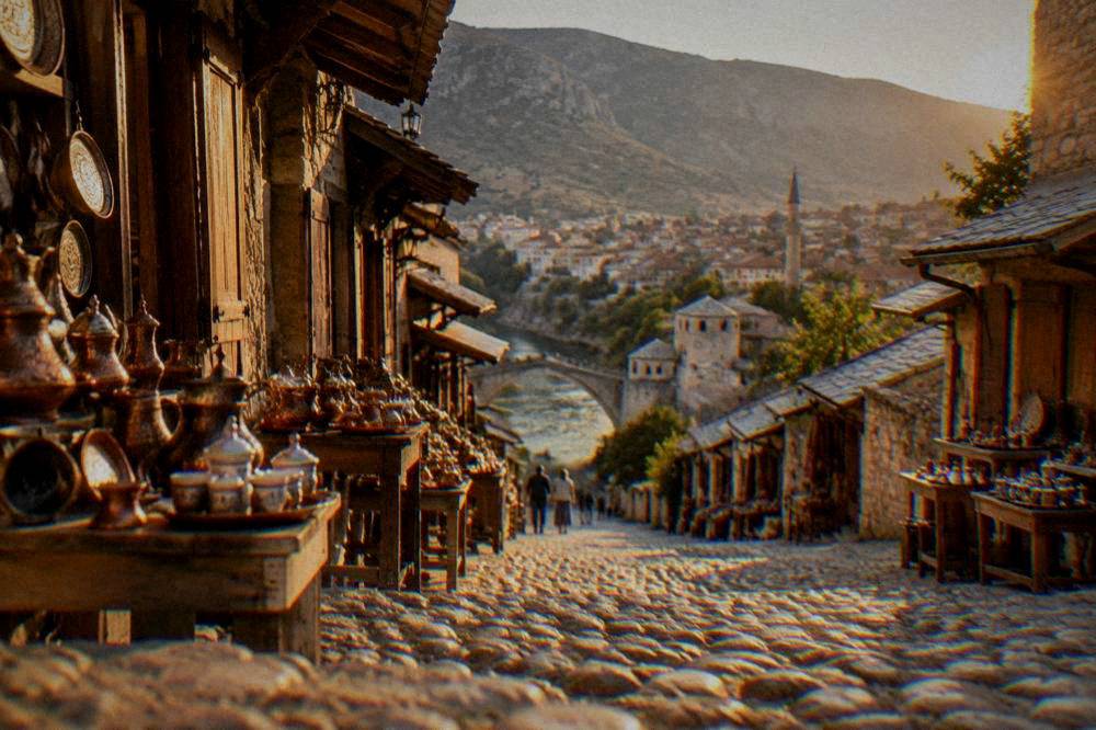 Terracotta roofs of the Old Town seen from a hillside above the river at golden hour