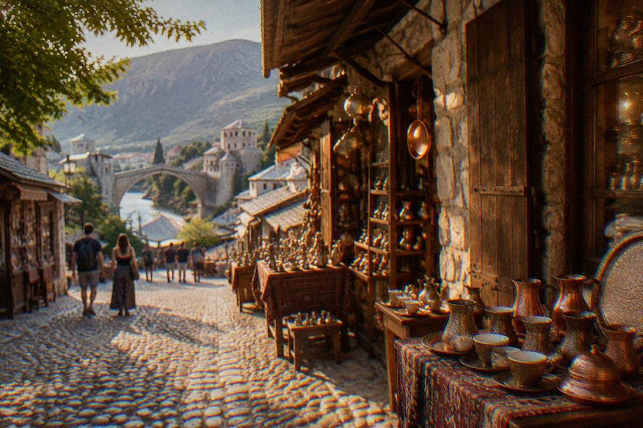 A wide tree-lined boulevard in west Mostar with apartment blocks and people walking