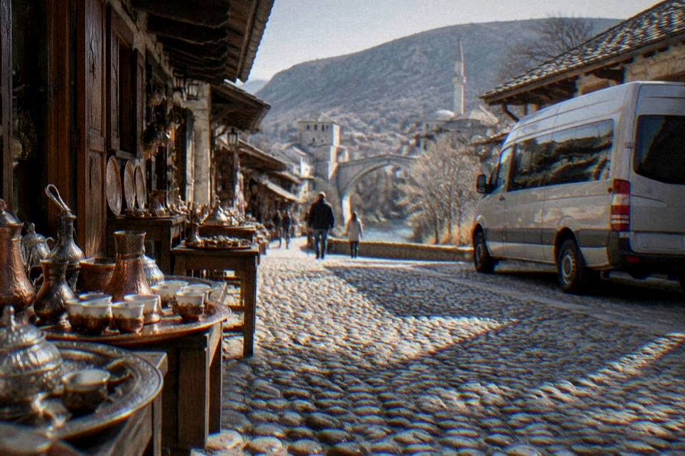 A tour van parked on a street in west Mostar ready for a Herzegovina day trip