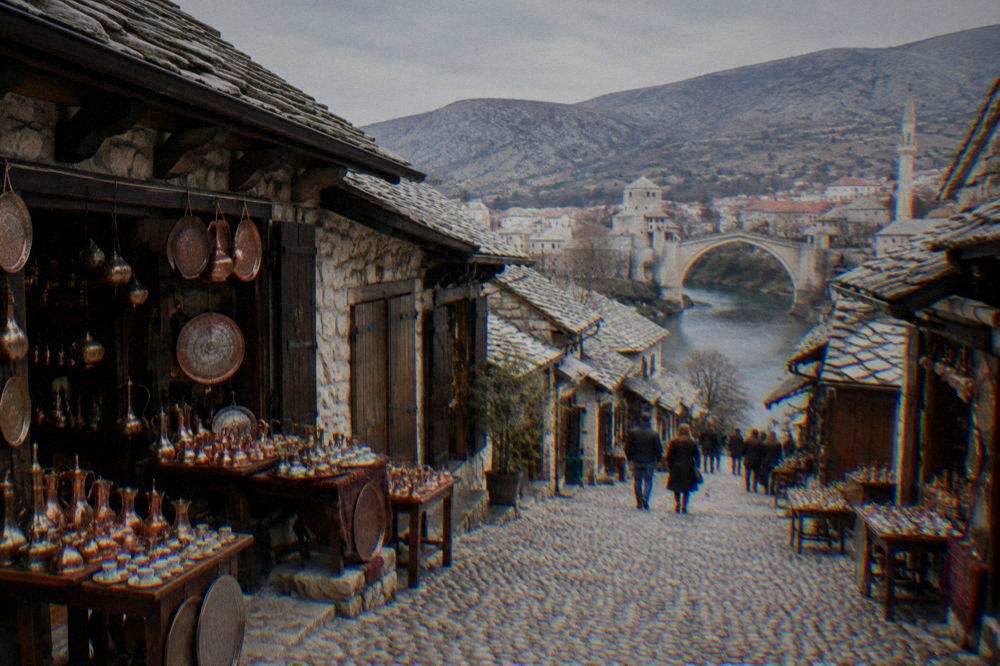 Coppersmith shops and cobbled lane in the Kujundžiluk bazaar in Mostar
