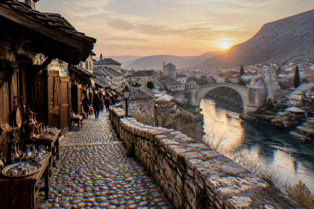 Sunset light over a stone bridge and old town roofs seen from a high hillside path