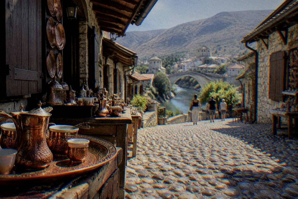 Busy pedestrian square in central Mostar with period facades