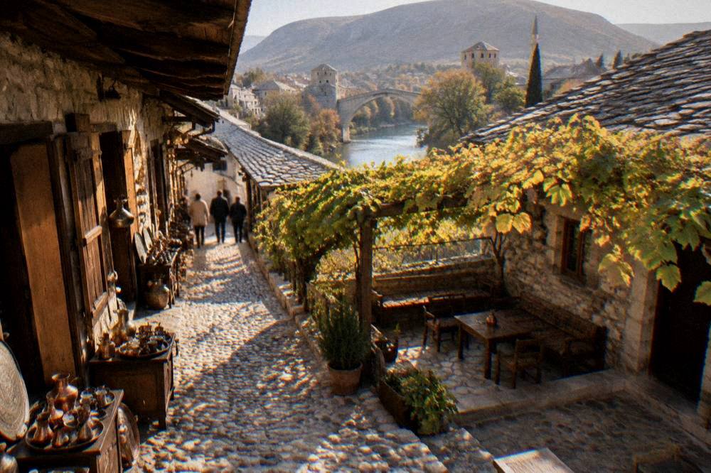 Courtyard of an Ottoman stone house in Mostar with vines and a shaded seating area
