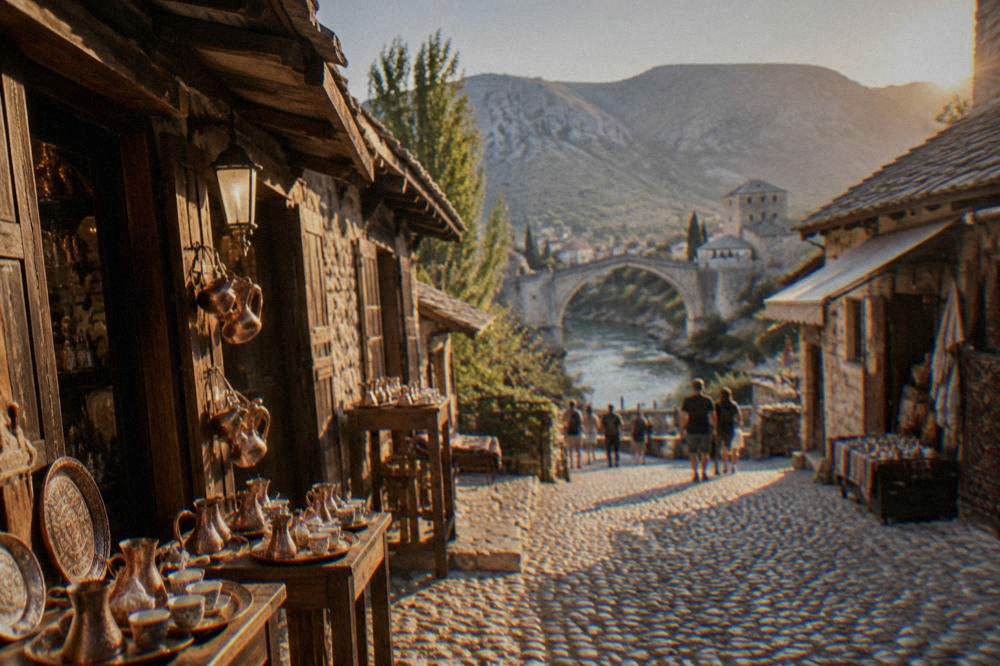 Narrow cobbled bazaar street with stone shopfronts leading toward a river and a stone bridge