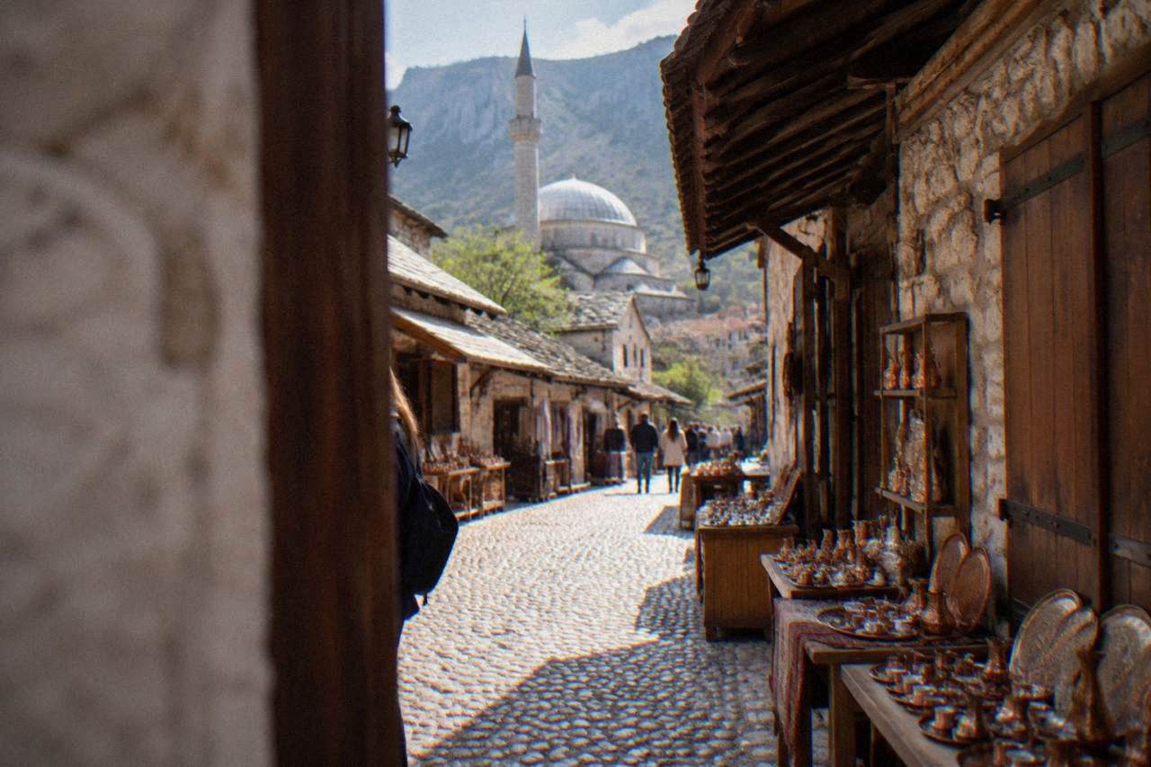 Stone domed interior of an Ottoman bathhouse in Mostar with small glass skylights in the ceiling