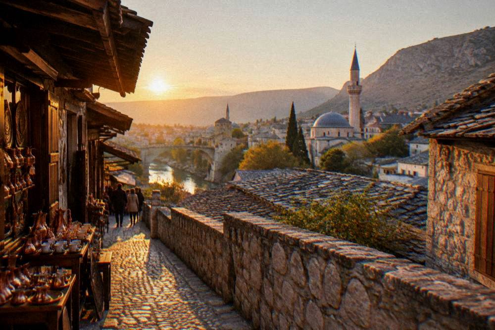 Evening view of the Mostar Old Town skyline with domes and minarets above tiled roofs
