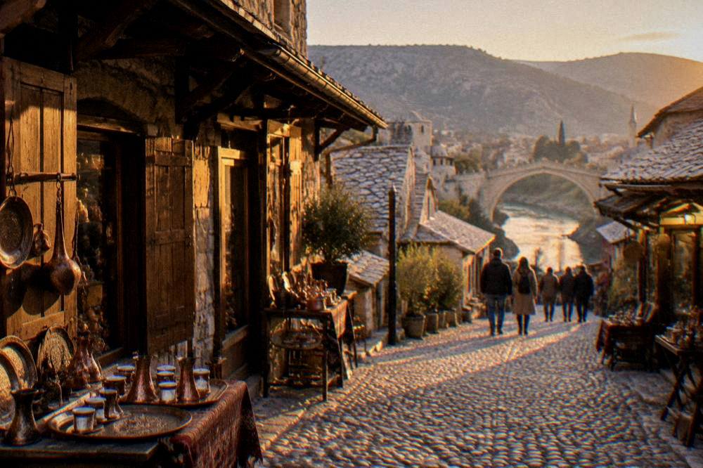 Cobbled lanes and stone rooftops of an old bazaar quarter at dusk