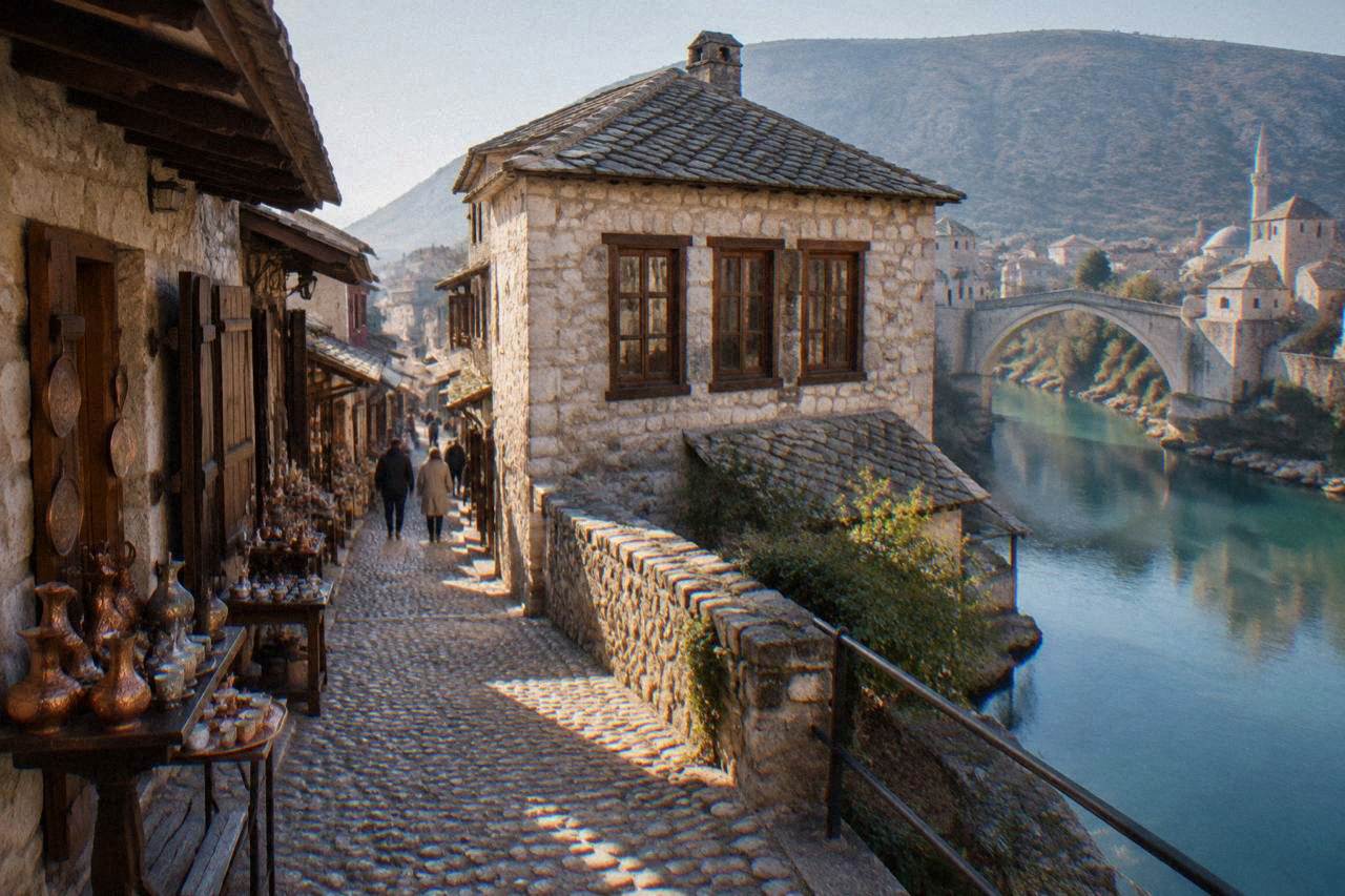 Stone facade of an Ottoman-era residence with wooden windows above the Neretva river in Mostar