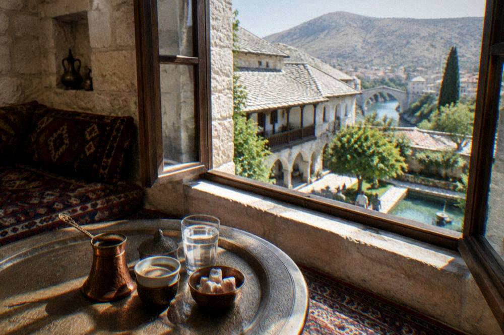 Traditional Bosnian coffee set on a low table in a stone Ottoman room