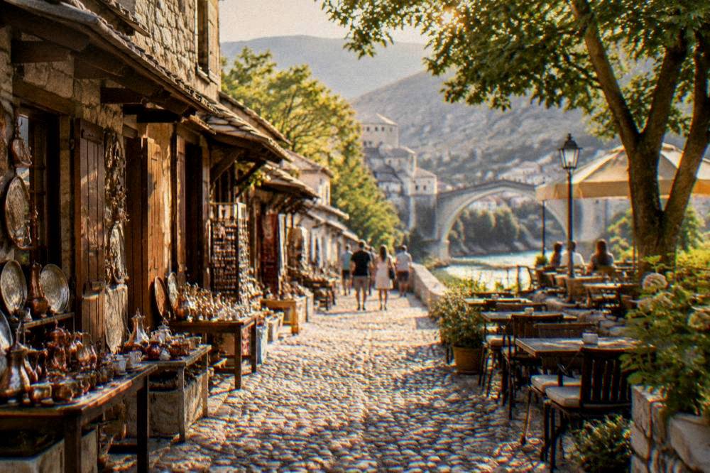 A quiet tree-lined street with cafe tables in western Mostar