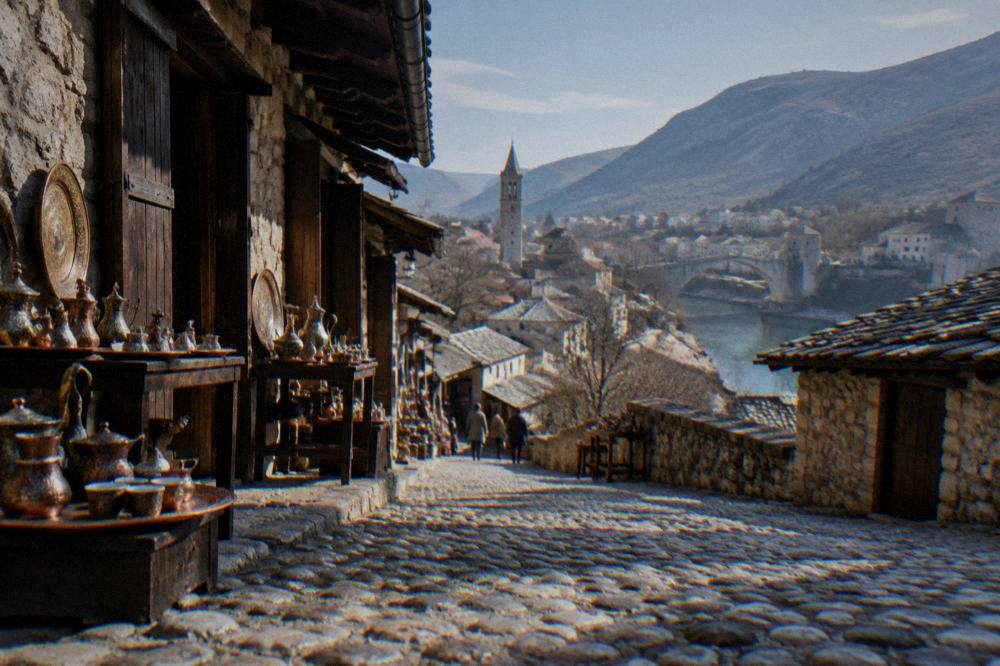 The Mostar skyline seen from a hillside with the bell tower visible among the rooftops