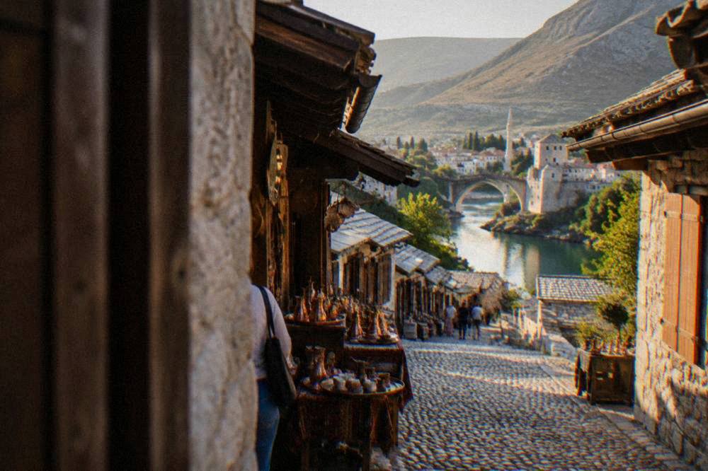 Evening light on the Neretva river and the rooftops of central Mostar