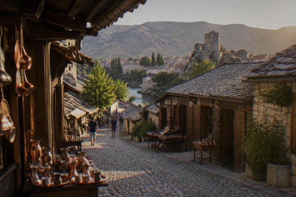 A wide avenue in central Mostar with trees and a ruined tower rising behind everyday buildings