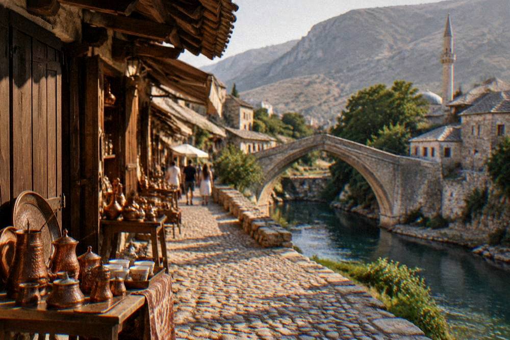 An Ottoman stone bridge over a small channel with cobbled banks in Mostar's Old Town