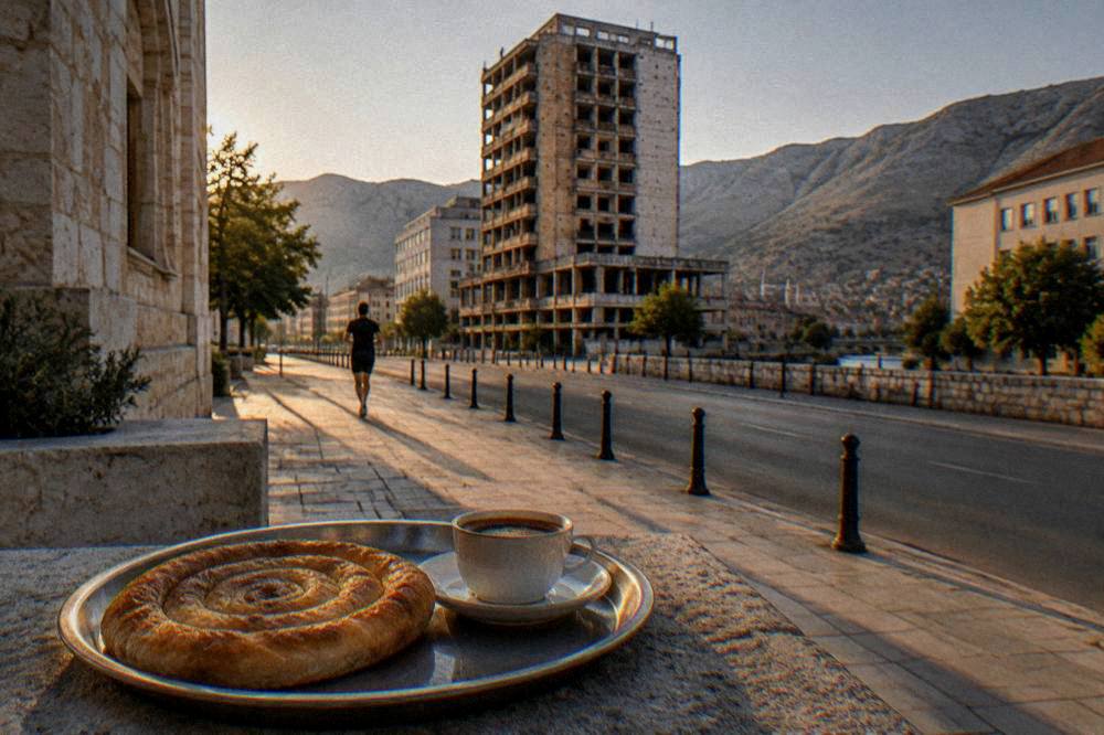 A golden pastry spiral of burek on a round metal tray beside a cup of Bosnian coffee
