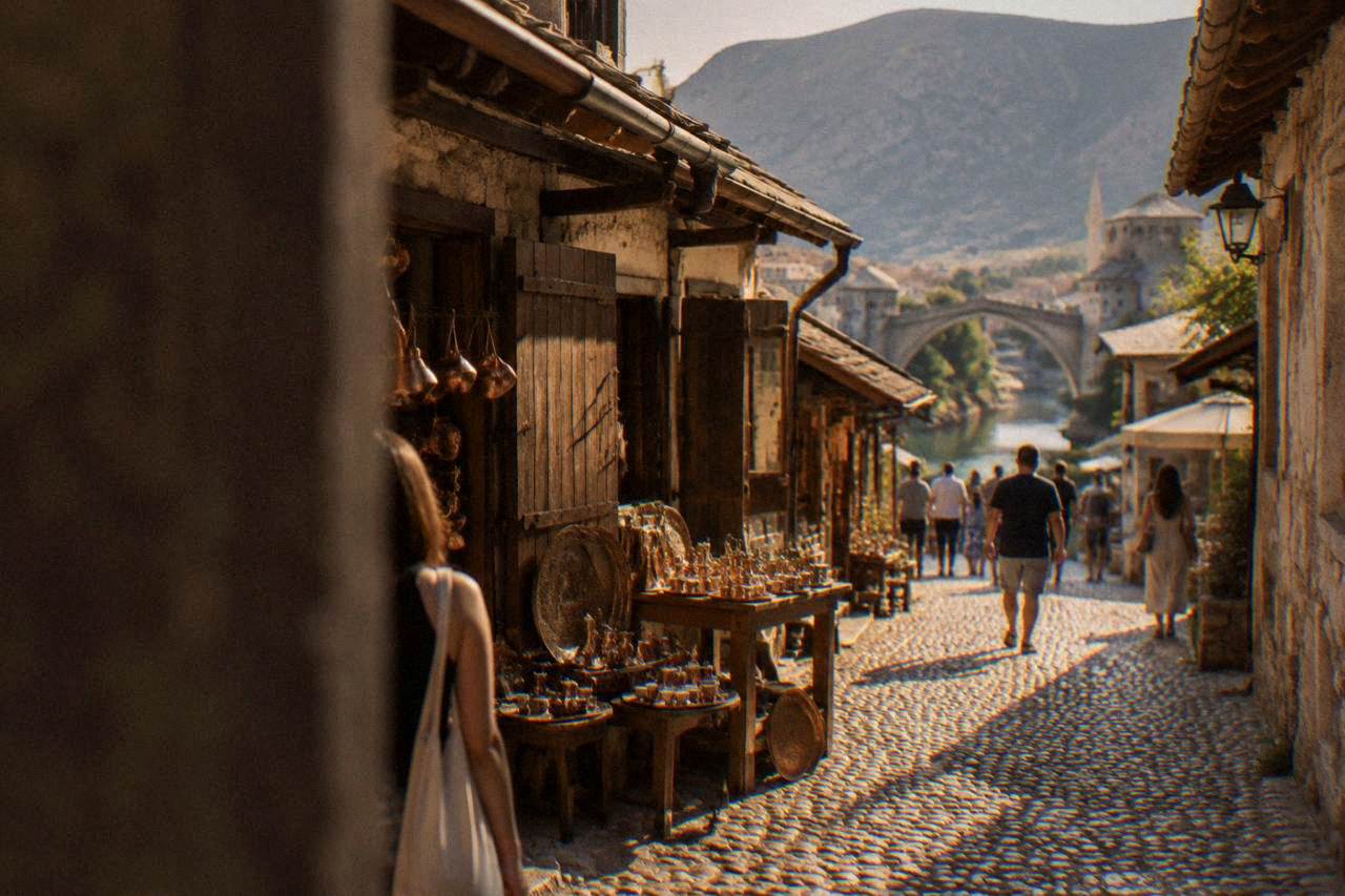 A wide open city square in central Mostar with people walking between modern facades and cafe terraces
