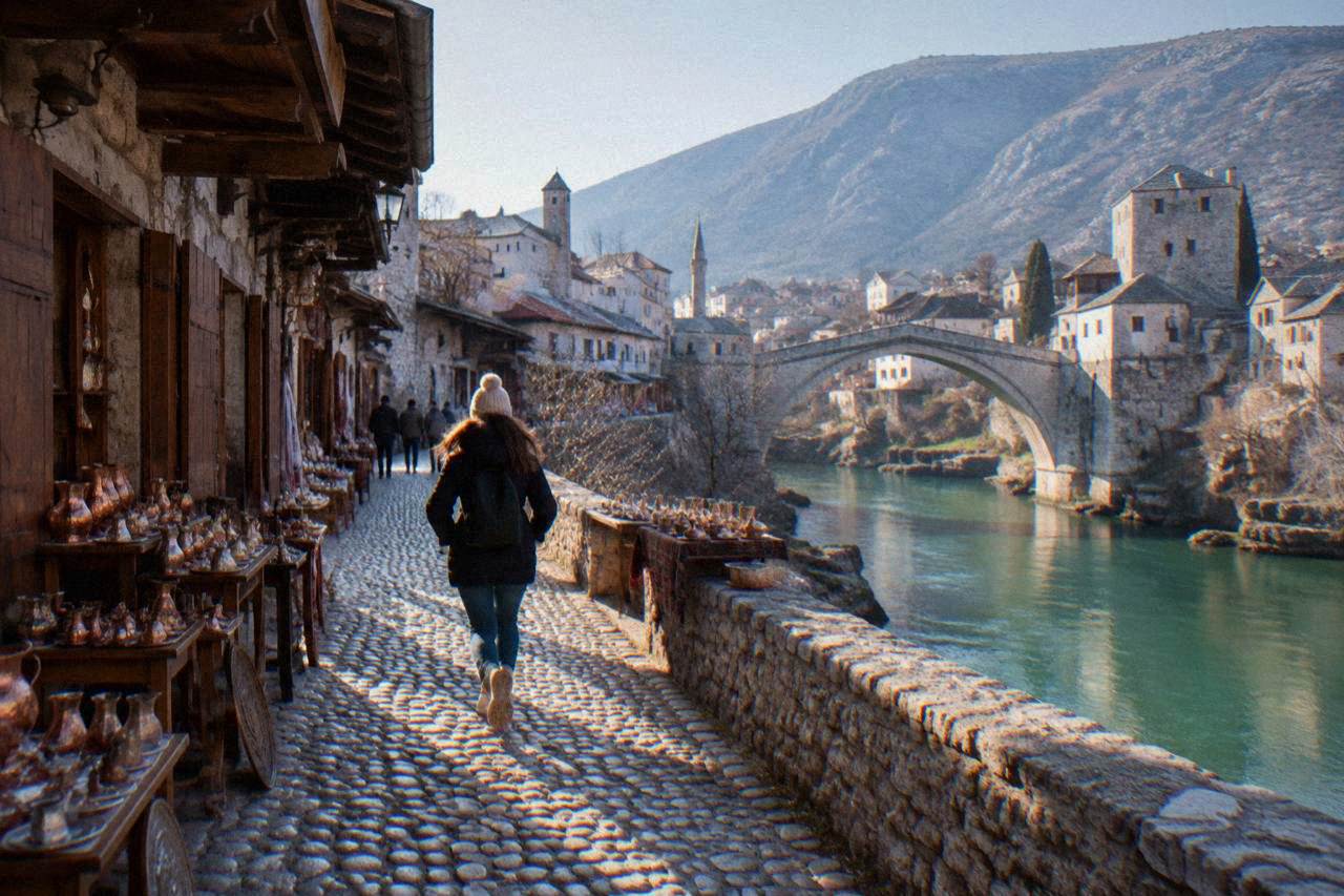 A single-arch stone bridge curving over a green river with an old town on both banks