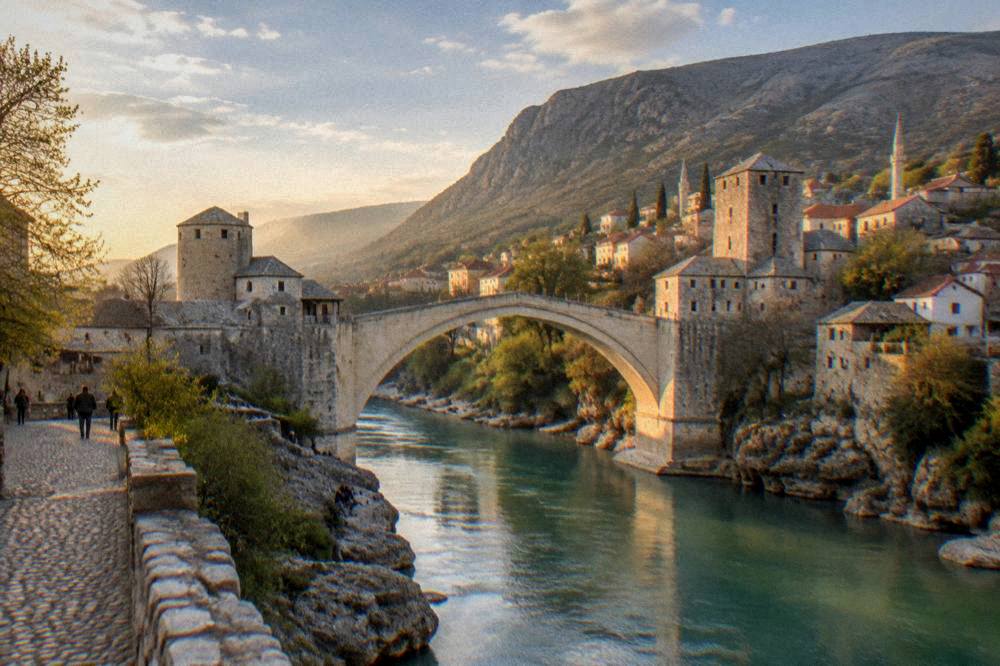 A stone bridge at dusk with warm light on the river and old rooftops
