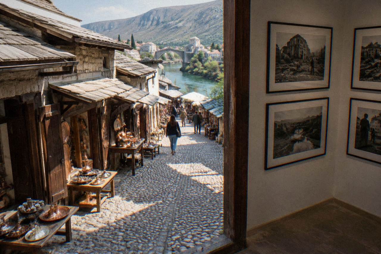 A quiet gallery wall in Mostar hung with framed black and white war photographs