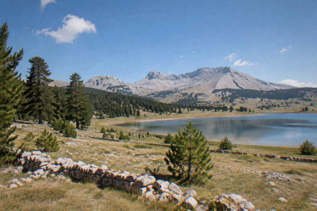 A wide mountain plateau with a calm lake, dry stone walls and pine forest under a blue sky