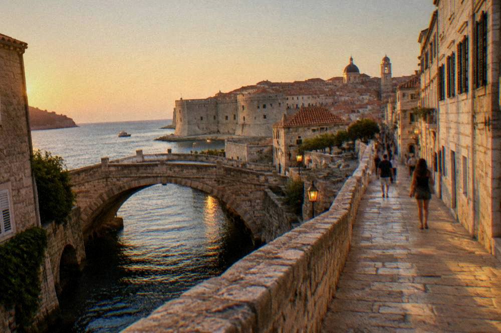An old stone bridge at dusk with a river below and warm lights on the banks